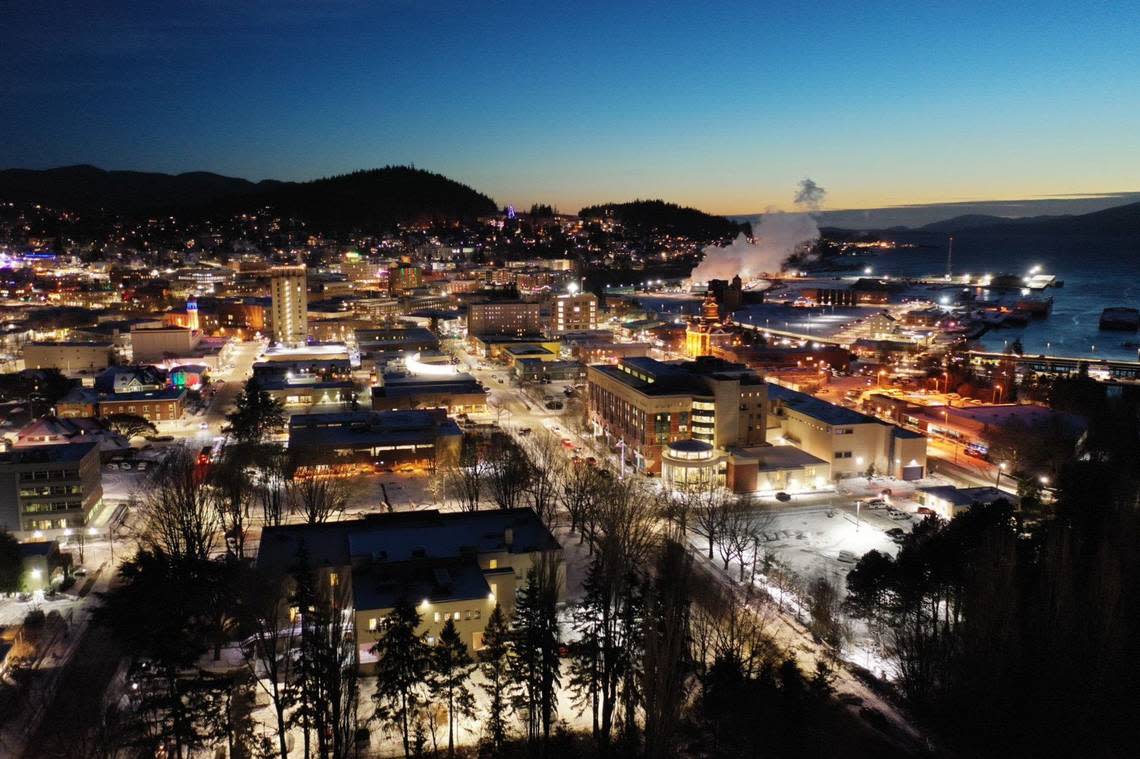 Snow blankets downtown at sunset Wednesday, Dec. 21, in Bellingham.