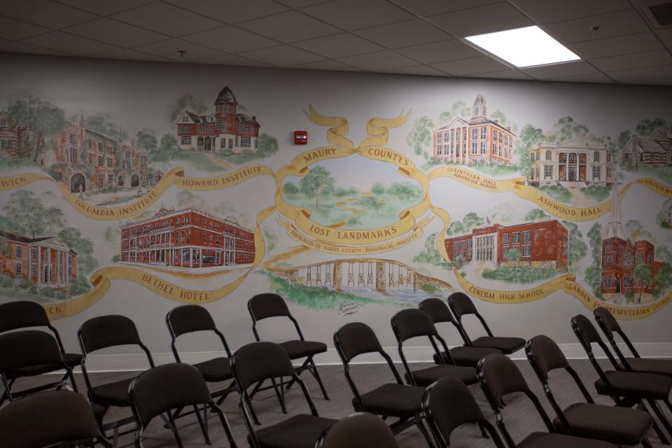 The Maury County Lost Landmarks Mural rests on display in the Tom Primm Commission Meeting Room in Columbia, Tenn., on Thursday, May 5, 2022. 