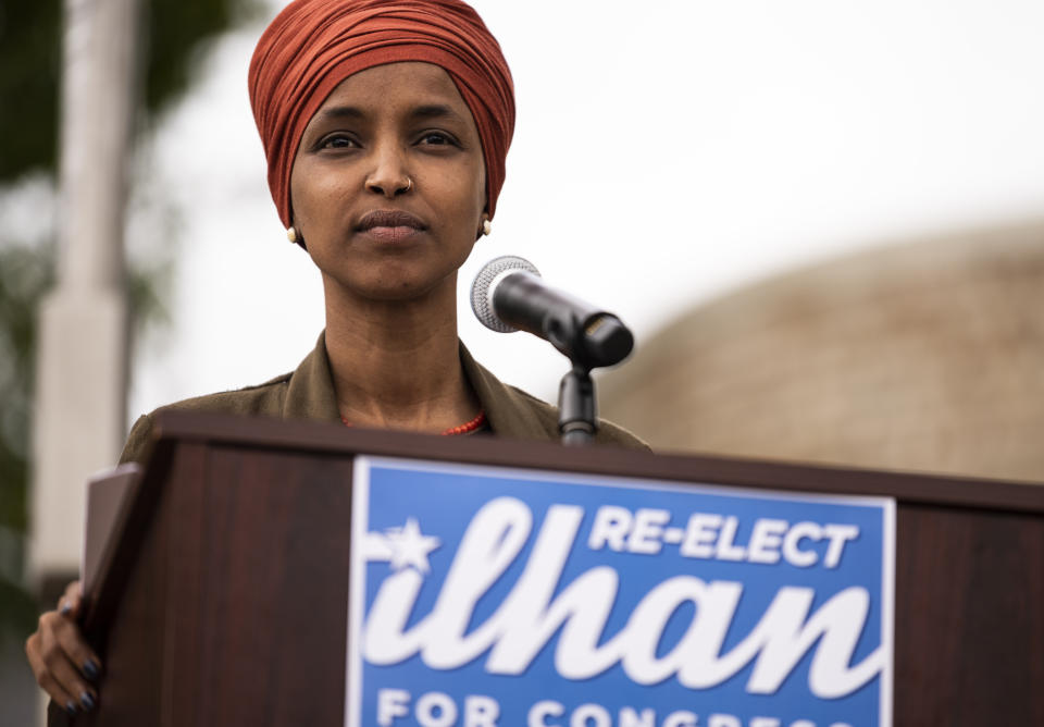 Rep. Ilhan Omar (D-Minn.) speaks at a news conference in St. Paul, Minnesota, Wednesday. Omar is locked in an unexpectedly competitive reelection fight. (Photo: Stephen Maturen/Getty Images)