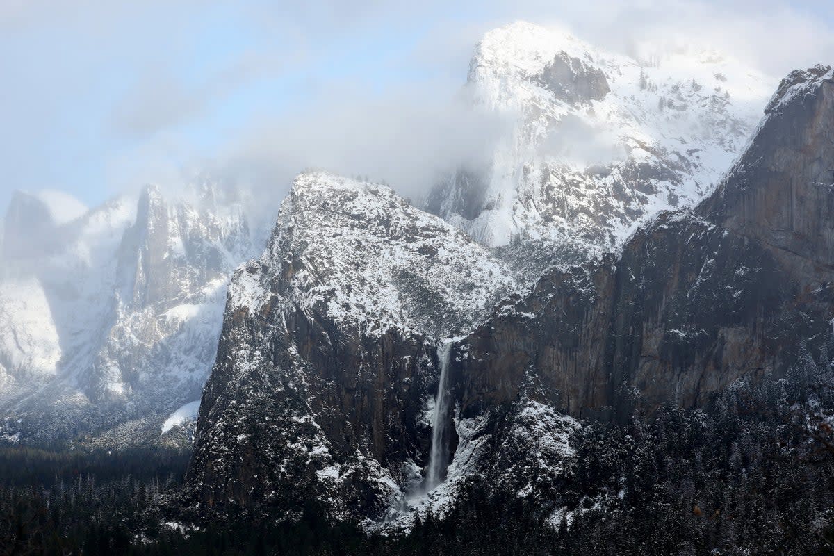 Water flows from Bridalveil Fall (LOWER C) in Yosemite Valley, after the last of a series of atmospheric river storms passed through, on January 19, 2023 in Yosemite National Park, California (Getty Images)