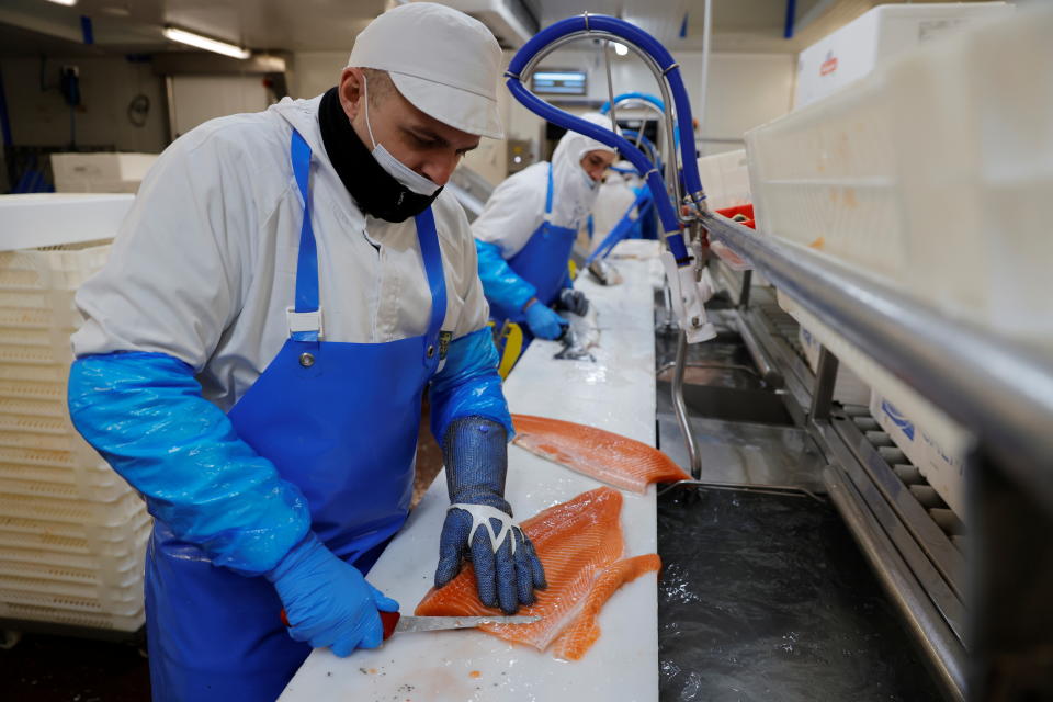 According to the Food and Drink Federation, among the hardest hit export foodstuffs were salmon, which saw a 98% dip from the year earlier; beef, which fell by 91.5% and cheese which also decline 85.1%. Photo: Pascal Rossignol/Reuters