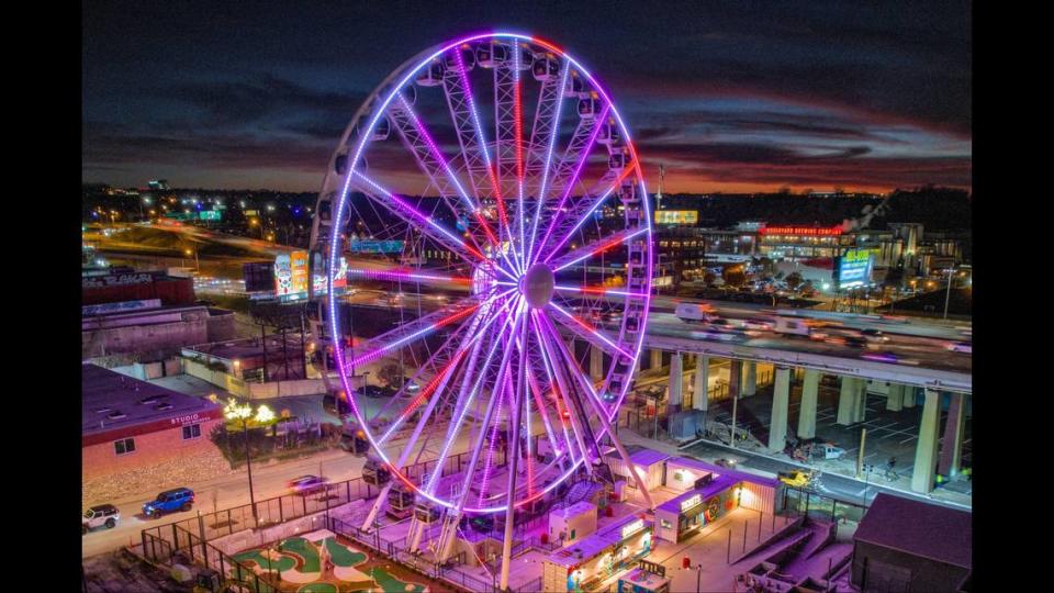 The KC Wheel, seen at night, opens to the public Thursday.