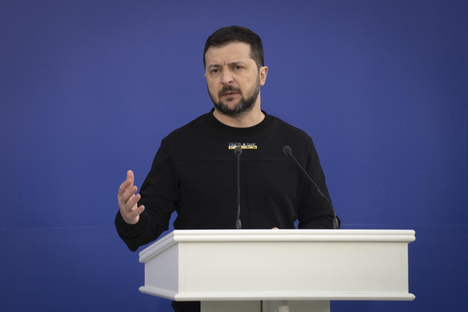 Ukrainian President Volodymyr Zelenskyy addresses the audience before an Iftar dinner celebrating Islam's holy month of Ramadan in a Muslim center outside Kyiv, Ukraine, Friday, April 7, 2023. (AP Photo/Efrem Lukatsky)