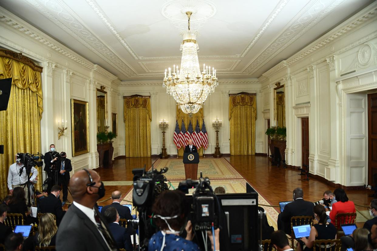 U.S. President Joe Biden delivers remarks about the situation in Afghanistan in the East Room of the White House on Aug. 16, 2021, in Washington, DC.