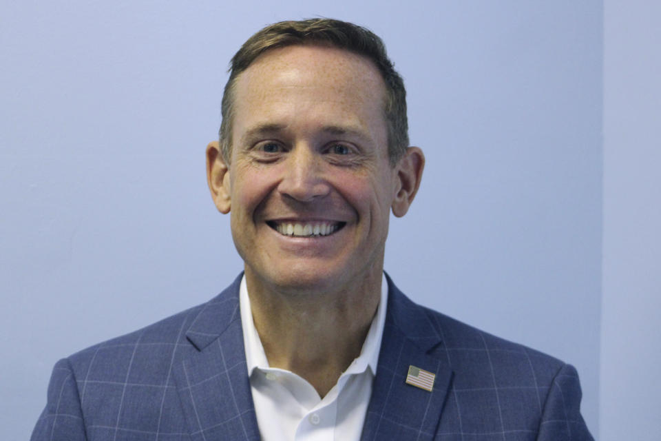 In this Sept. 25, 2021, photo candidate for U.S. Senate from North Carolina, Rep. Ted Budd, R-N.C., poses for a photo at an event in Mount Airy, N.C. Former North Carolina Gov. Pat McCrory and ex-Rep. Mark Walker are urging Budd to agree to participate in a U.S. Senate debate. (AP Photo/Bryan Anderson)