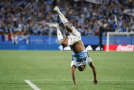 Charlotte FC forward Kerwin Vargas celebrates after scoring a goal against Toronto FC during the first half of an MLS soccer match in Charlotte, N.C., Saturday, April 13, 2024. (AP Photo/Nell Redmond)