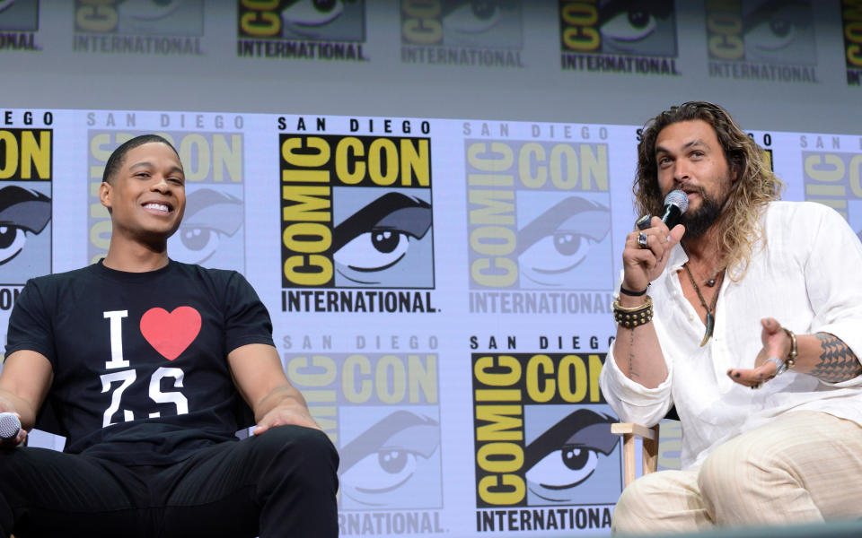 Ray Fisher and Jason Momoa attend the Warner Bros. Pictures "Justice League" presentation during Comic-Con International 2017. (Photo by Albert L. Ortega/Getty Images)