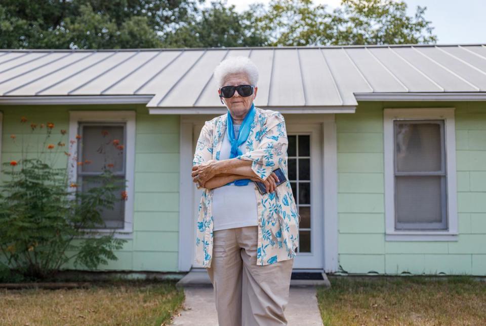 Sister Elizabeth, a longtime activist and opponent to Nordheim's drilling waste facility, stands at a meeting hall near the city park in Nordheim, Texas, on Sept. 10, 2023. The hall is where Sister Elizabeth first gathered to meet with other opponents to the drilling waste facility.