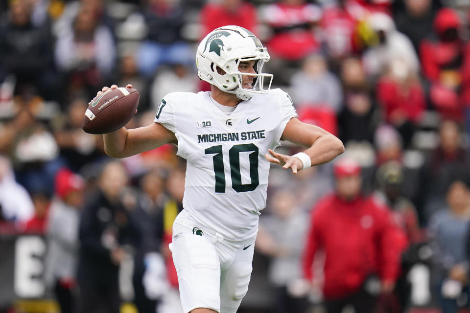 Michigan State quarterback Payton Thorne looks to pass against Maryland during the first half of an NCAA college football game, Saturday, Oct. 1, 2022, in College Park, Md. (AP Photo/Julio Cortez)