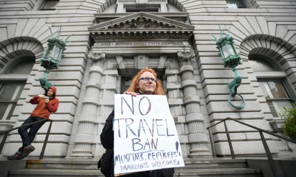 A protest against Trump’s travel ban in San Francisco. Only 54% of those polled said they have ‘positive views’ of Muslims.