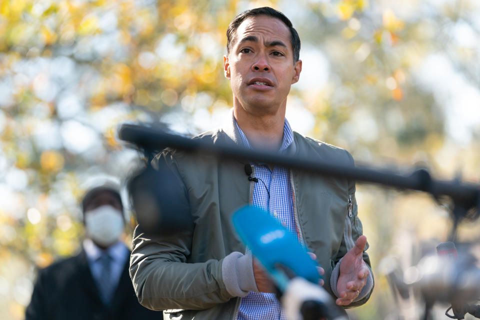 Julián Castro, former secretary of Housing and Urban Development, speaks at a campaign event with Democratic U.S. Senate candidate Raphael Warnock on December 8, 2020 in Atlanta, Georgia. (Photo by Elijah Nouvelage/Getty Images)