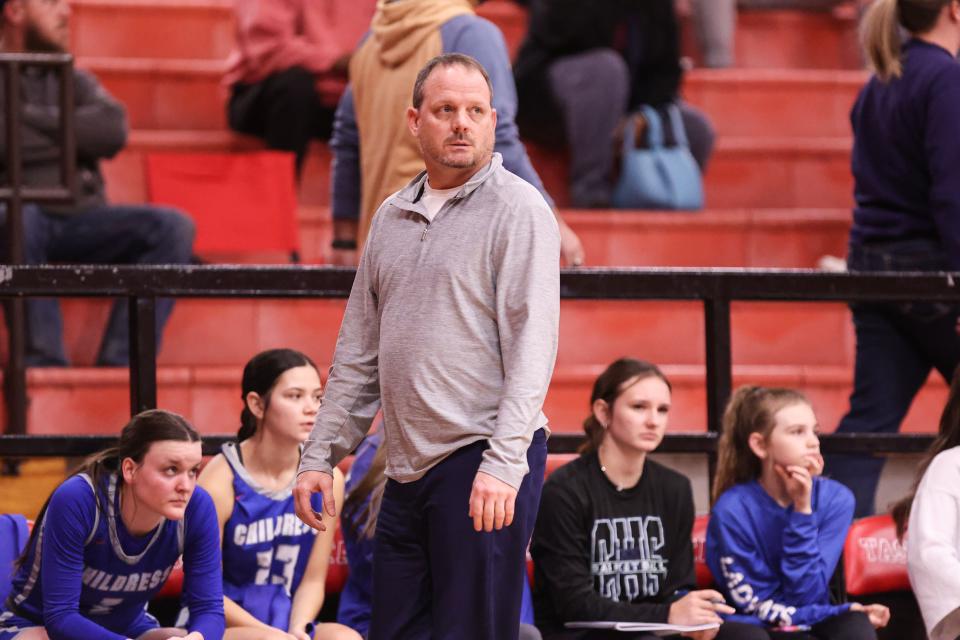Childress’ Head Coach Shannon Fisher watches the action in a non district game against Tascosa, Tuesday, December 13, 2022, at Tascosa High School in Amarillo.  Tascosa won 49-23.