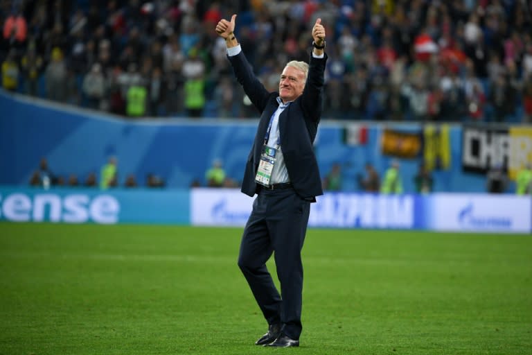 Didier Deschamps celebrates France's victory over Belgium in the semi-finals