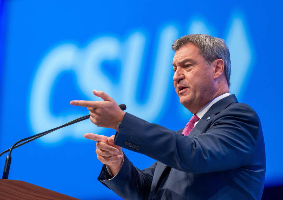 Markus Söder, CSU-Parteivorsitzender, spricht auf dem Parteitag der CSU mit anschließender Wahl des Parteivorstands. - Copyright: Peter Kneffel/dpa