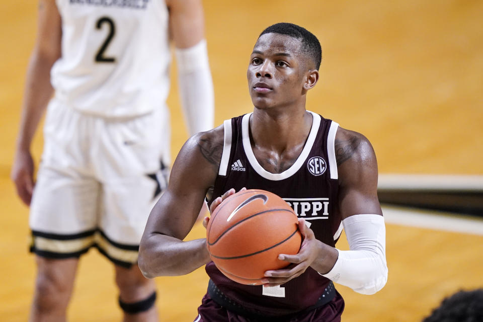 Mississippi State guard Iverson Molinar (1) shoots a free throw in the second half of an NCAA college basketball game against Vanderbilt Saturday, Jan. 9, 2021, in Nashville, Tenn. Molinar led Mississippi State with 24 points as they beat Vanderbilt 84-81. (AP Photo/Mark Humphrey)