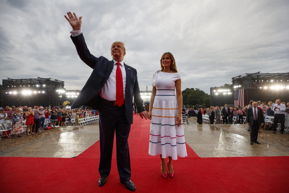 President Donald Trump and first lady Melania Trump leave an Independence Day celebration in front of the Lincoln Memorial, Thursday, July 4, 2019, in Washington. (AP Photo/Carolyn Kaster)