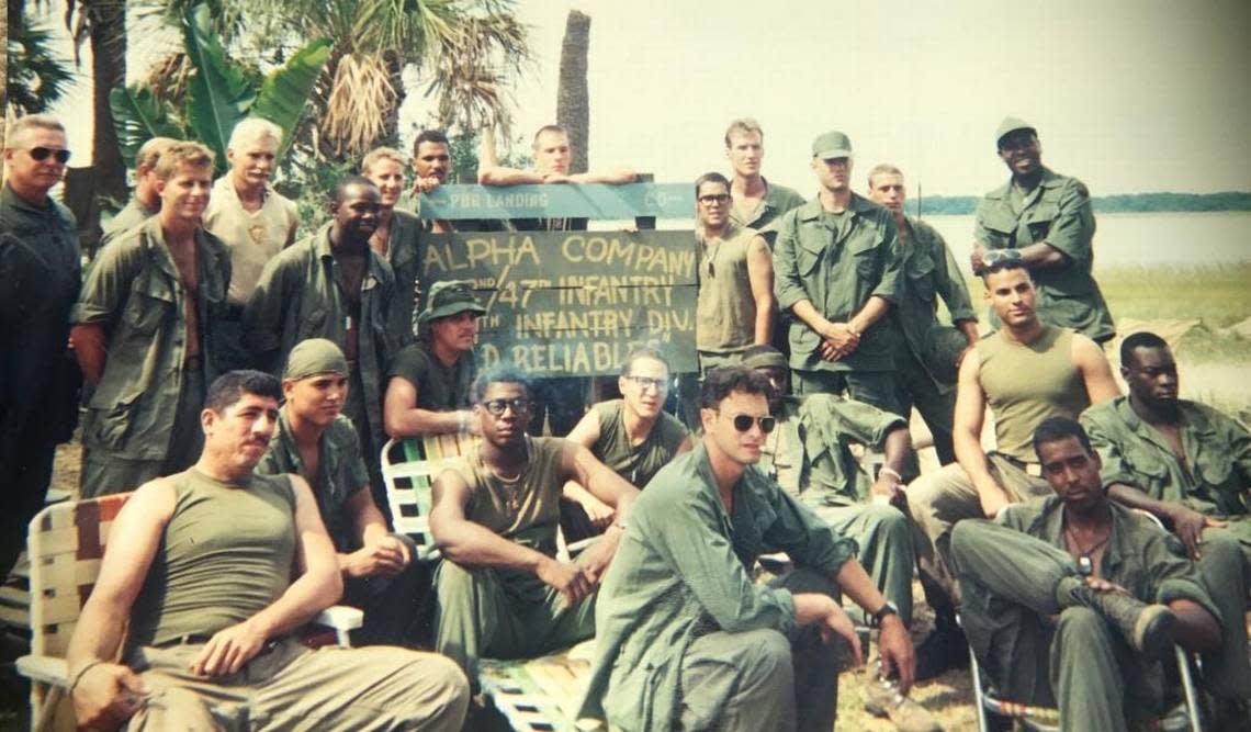 The &#x00201c;Forrest Gump&#x00201d; cast and crew shoots on location near Beaufort. Dale Dye, military adviser to the blockbuster film, standing fourth from left, suggested Hunting Island as a good place to film Vietnam scenes.