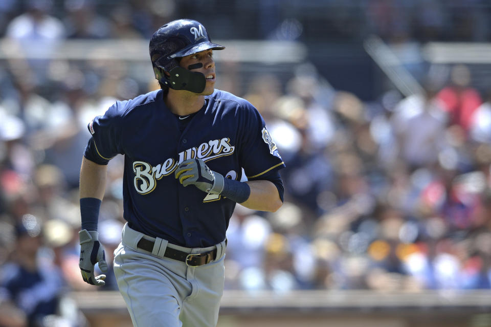 Milwaukee Brewers' Christian Yelich watches his home run during the fifth inning of a baseball game against the San Diego Padres Wednesday, June 19, 2019, in San Diego. (AP Photo/Orlando Ramirez)