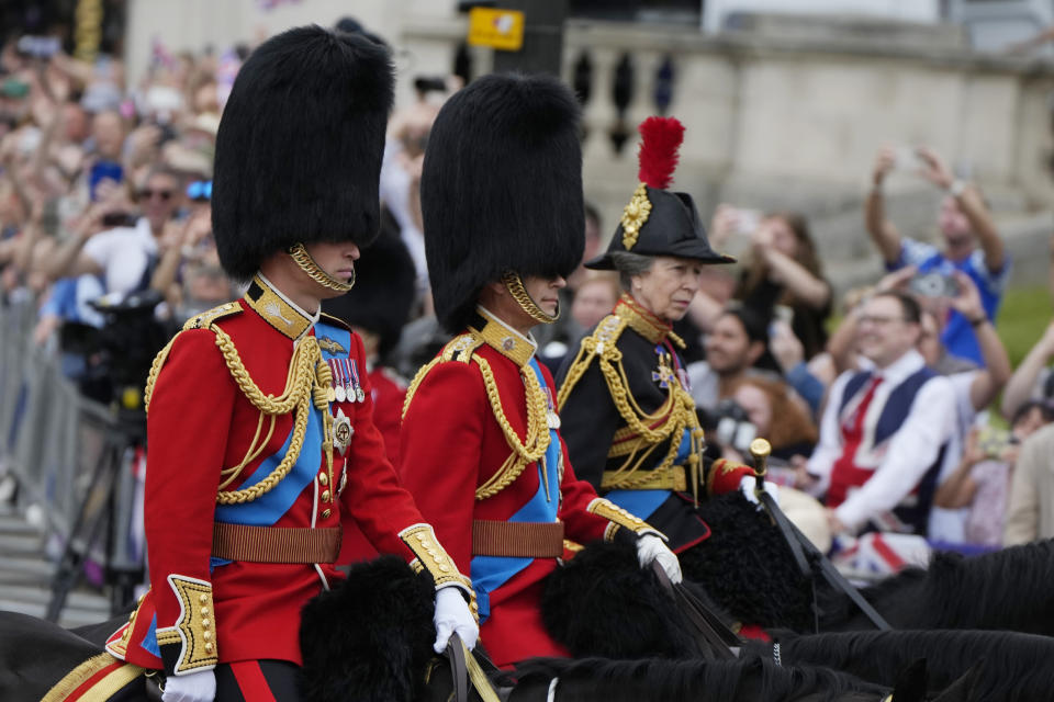 Prince William, left, Prince Edward, centre, and Princess Anne leave Buckingham Palace to take part in the Trooping The Colour parade, in London, Saturday, June 17, 2023. Trooping the Colour is the King's Birthday Parade and one of the nation's most impressive and iconic annual events attended by almost every member of the Royal Family.(AP Photo/Alastair Grant)