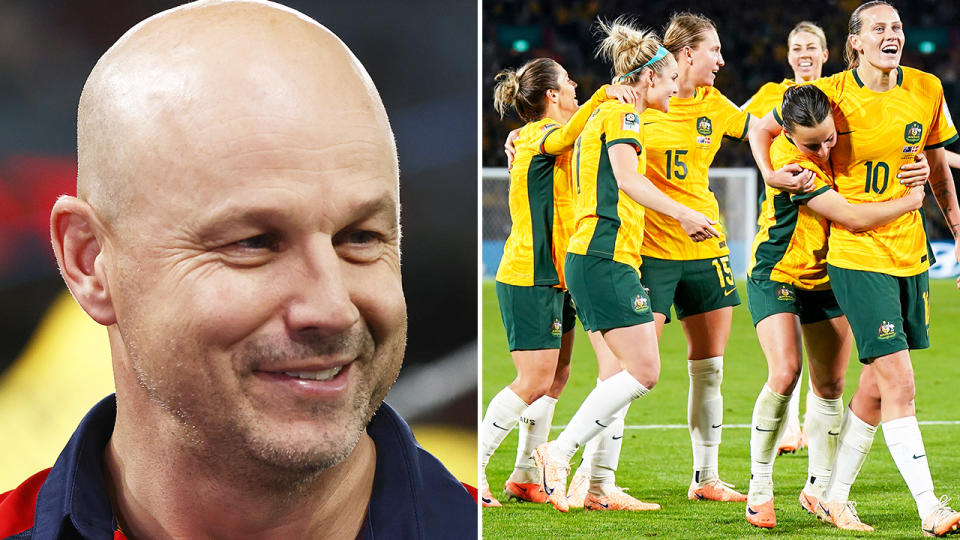 Adelaide Crows coach Matthew Nicks is pictured left, and the Matildas are seen celebrating on the right.