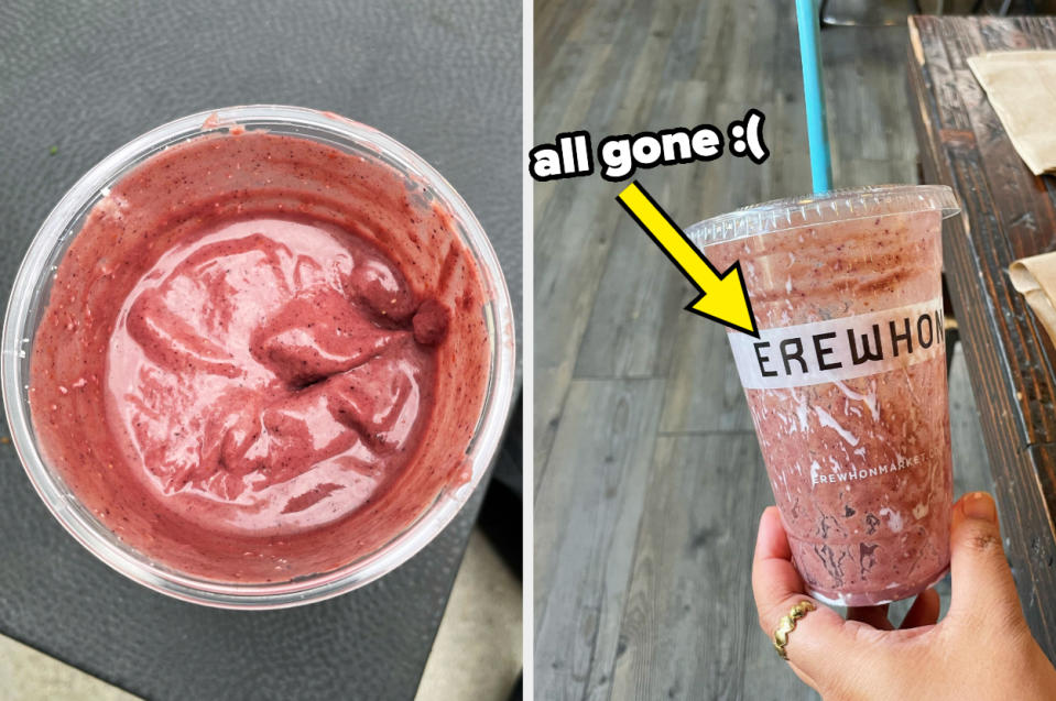 There's a top view of the smoothie to show the consistency paired with an empty cup saying "all gone"