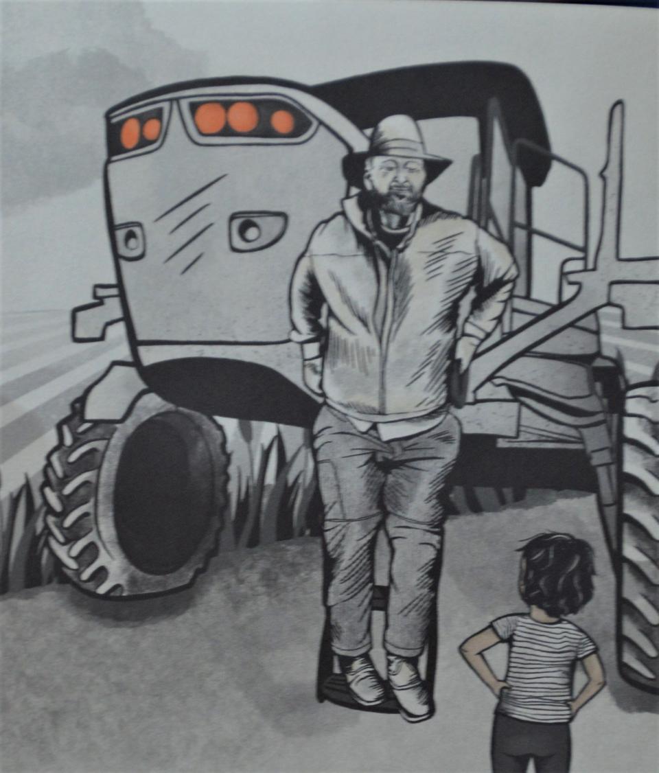 An illustration by Liza Donovan from the book where the title character, Sofia, talks to Emanuel County farmer William Brett about the corn he grows that goes into making the tortillas she loves.