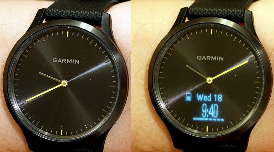 When the screen is on, the hands of the watch can swing up into 10:10 position — that is, they get out of the way (right).