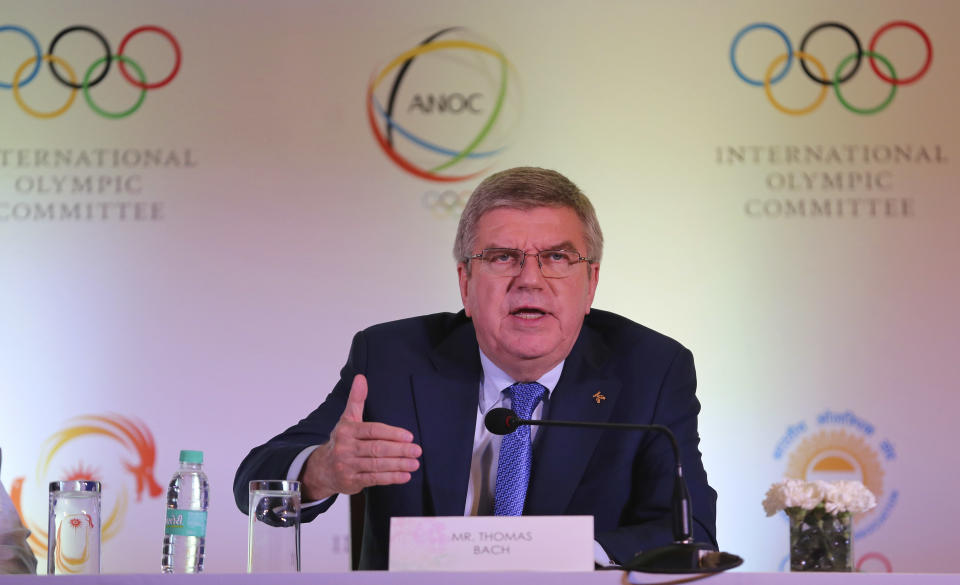 FILE - In this Thursday April 19, 2018 file photo, International Olympic Committee (IOC) President Thomas Bach addresses a press conference in New Delhi, India. Bach said in Jakarta, Saturday, Sept. 1, 2018, that he isn't certain if, or when, esports might be incorporated into the Olympic Games. (AP Photo/Altaf Qadri,File)