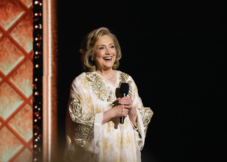 NEW YORK - JUNE 16: Hillary Clinton presents at THE 77TH ANNUAL TONY AWARDS, live from the David H. Koch Theater at Lincoln Center for the Performing Arts in New York City, Sunday, June 16 (8:00-11:00 PM, LIVE ET/5:00-8:00 PM, LIVE PT) on the CBS Television Network. (Photo by Mary Kouw/CBS via Getty Images)