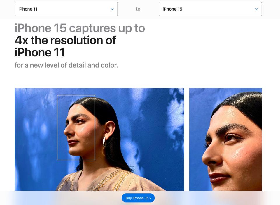 A screenshot of Apple's new comparison tool for iPhones.