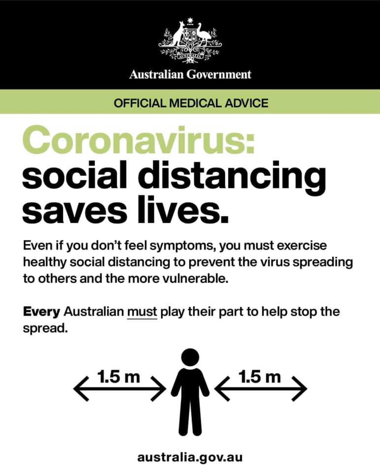 To practice social distancing, stay 1.5 metres away from people, even if you don't feel unwell. Source: The Australian Government.