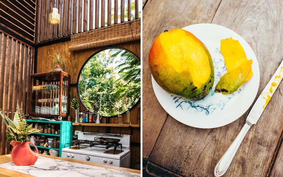 From left: The ayurvedic kitchen at La Finca Victoria, a guesthouse and wellness retreat on Vieques; a mango served on property. | Soraya Matos