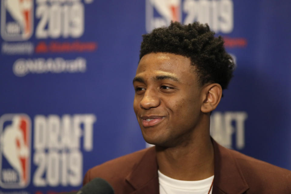 Nickeil Alexander-Walker, a sophomore basketball player from Virginia Tech, attends the NBA Draft media availability, Wednesday, June 19, 2019, in New York. The draft will be held Thursday, June 20. (AP Photo/Mark Lennihan)