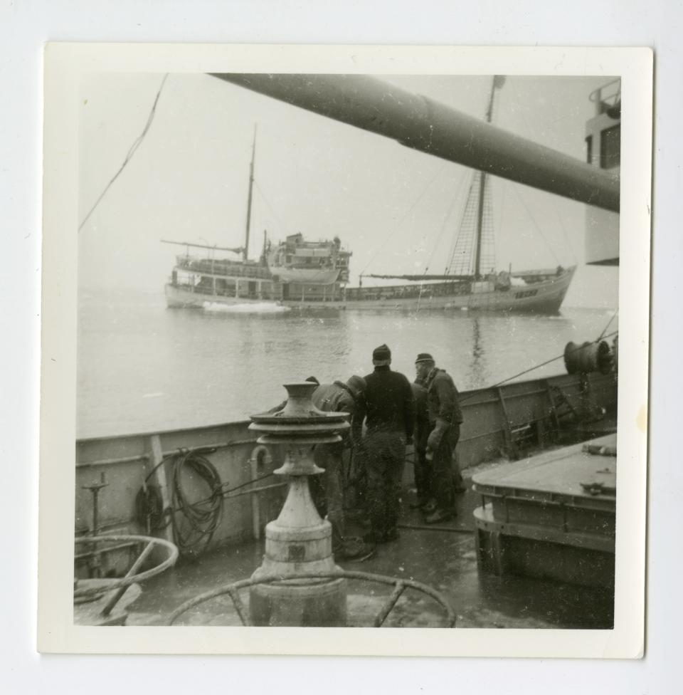 This photo provided by the Royal Canadian Geographical Society shows the Quest ship sinking off the coast of Labrador, Canada, May 5, 1962. The wreck of the last ship belonging to Sir Ernest Shackleton, an Irish-born British explorer of Antarctica has been found off the coast of Canada by an international team led by the Royal Canadian Geographical Society. The Quest was found using sonar scans on Sunday evening, June 9, 2024. (Tore Topp/Royal Canadian Geographical Society via AP)