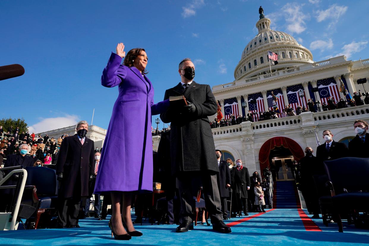 Harris and Emhoff are pictured as she is sworn in as vice president by Supreme Court Justice Sonia Sotomayor. (Photo: ANDREW HARNIK via Getty Images)