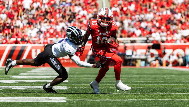 Utah Utes wide receiver Money Parks (10) breaks away from the Weber Wildcats to score a touchdown during the second quarter at Rice-Eccles Stadium in Salt Lake City on Saturday, Sept. 16, 2023.