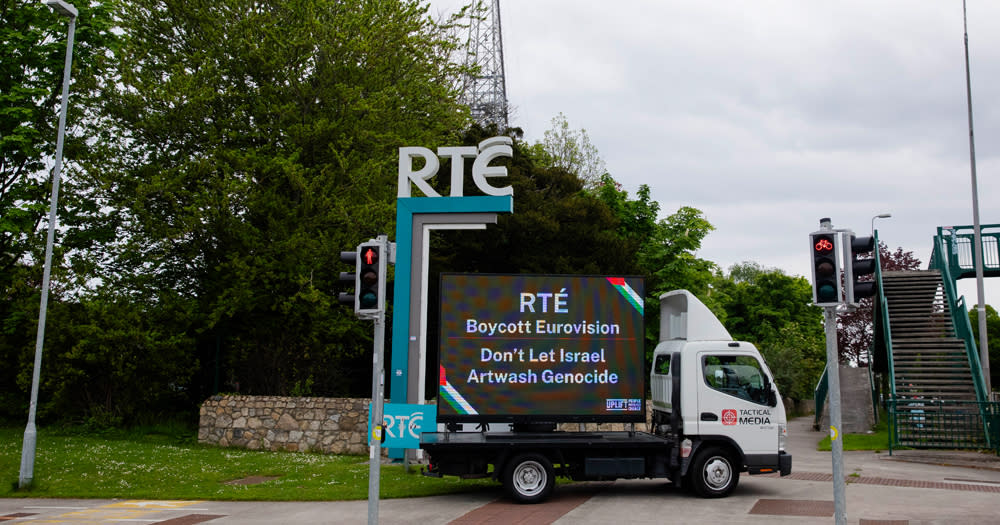 A protest held in Ireland calling for a Eurovision boycott, with a van parked in front of the RTE studios reading 