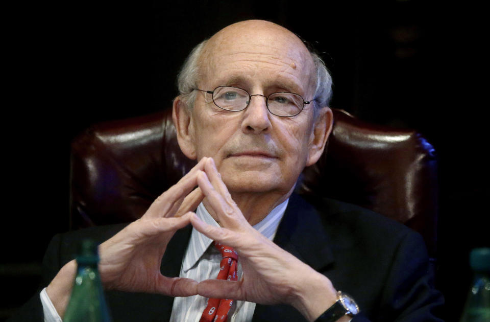 FILE - Supreme Court Associate Justice Stephen Breyer listens during a forum at the French Cultural Center in Boston, Feb. 13, 2017. Breyer said in a letter to President Joe Biden that his retirement will take effect on Thursday, June 30, 2022, at noon, after nearly 28 years on the nation’s highest court. (AP Photo/Steven Senne, File)