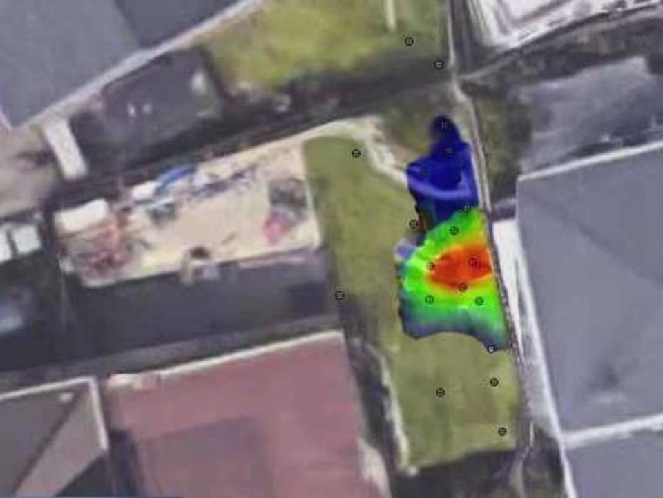 Heat map of soil tests carried out by engineers looking for remains of Kristin Smart (CBS News Sacramento/Tim Nelligan)