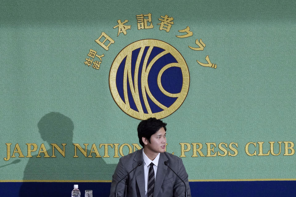 Los Angeles Angels' Shohei Ohtani attends a press conference at the Japan National Press Club Monday, Nov. 15, 2021, in Tokyo. (AP Photo/Eugene Hoshiko)