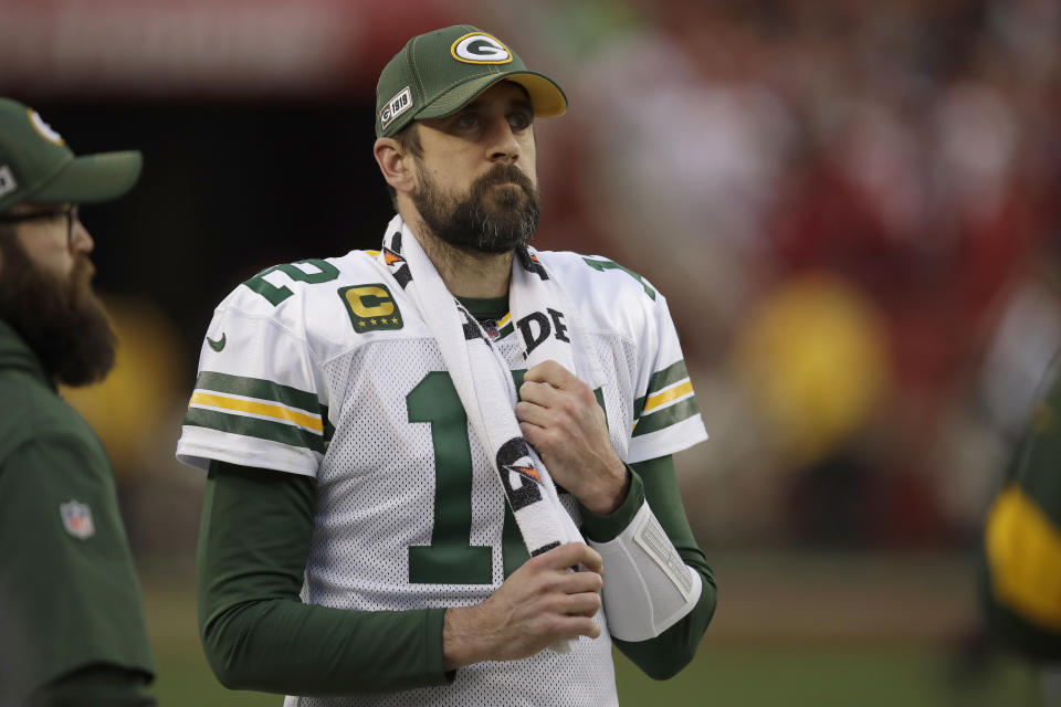 Green Bay Packers quarterback Aaron Rodgers (12) watches from the sideline during the first half of the NFL NFC Championship football game against the San Francisco 49ers Sunday, Jan. 19, 2020, in Santa Clara, Calif. (AP Photo/Ben Margot)