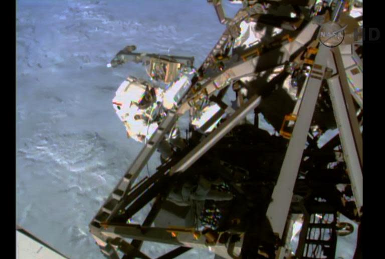 NASA video image showing US astronaut Terry Virts during a spacewalk on March 1, 2015