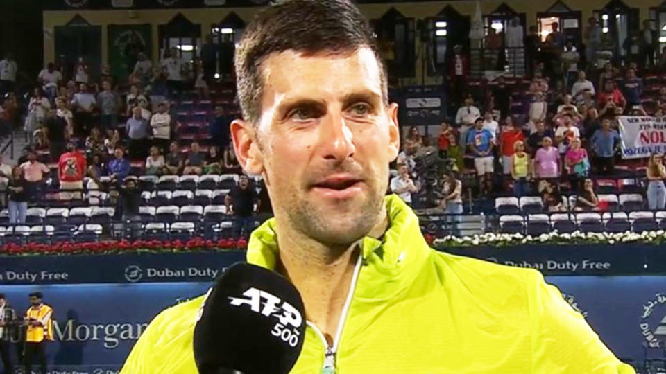 Novak Djokovic speaks at the Dubai Tennis Championship.