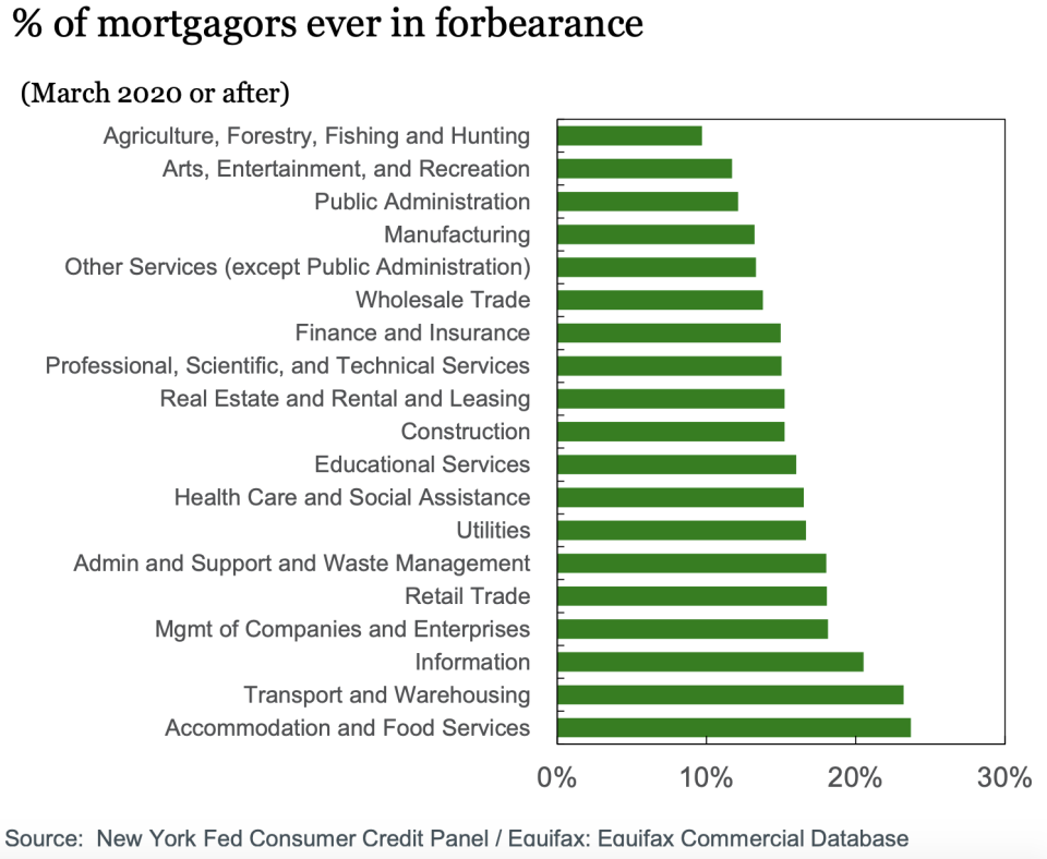 The hard-hit accommodation and food services industry saw the highest rate of business owners turning to mortgage forbearance during the pandemic. Transport and warehousing and information were among the other industries with high uptake. 