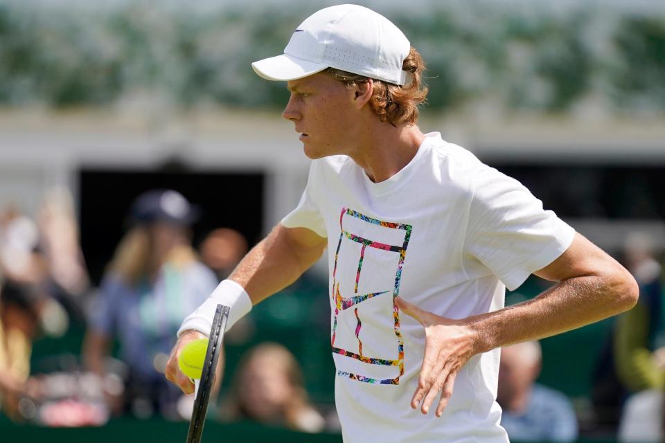 Italy's Jannik Sinner practices before a men's singles match against Spain's Carlos Alcaraz (AP)