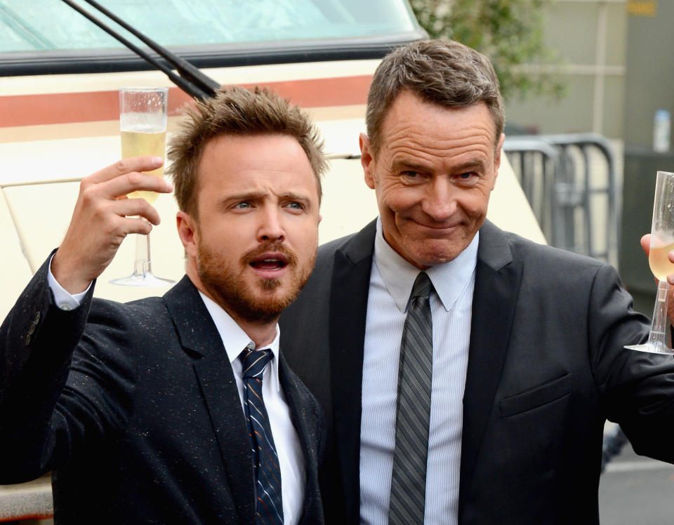 CULVER CITY, CA - JULY 24:  Actors Aaron Paul and Bryan Cranston arrive as AMC Celebrates the final episodes of "Breaking Bad" at Sony Pictures Studios on July 24, 2013 in Culver City, California.  (Photo by Mark Davis/Getty Images)