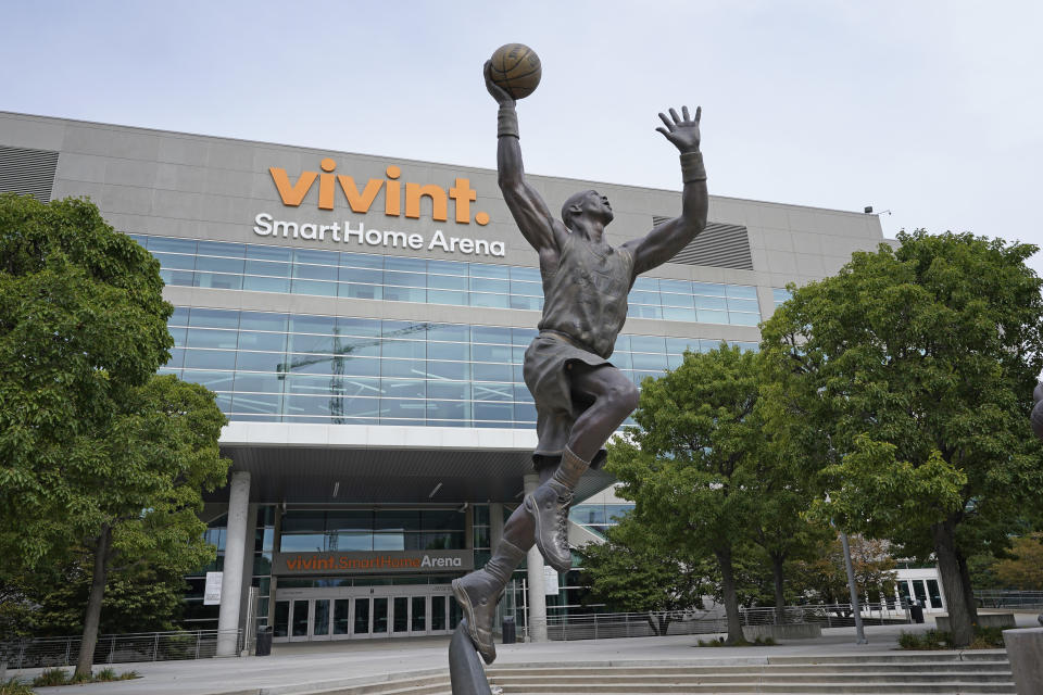 The Vivint Smart Home Arena is shown Monday, Aug. 31, 2020, in Salt Lake City. Voting will look a little different this November. States are considering drive-thrus, outdoor polling places and curbside voting as they examine creative ways to safely offer same-day polling places during a pandemic. (AP Photo/Rick Bowmer)