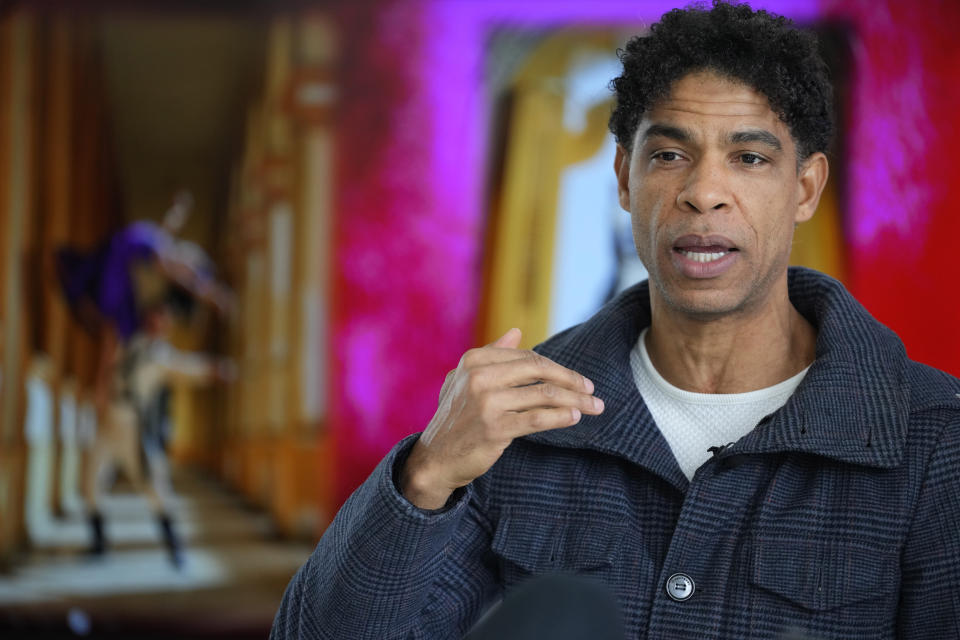 International ballet superstar Carlos Acosta speaks at a presentation for media about his brand-new production 'Nutcracker in Havana' at the Carlos Acosta Dance Studios in London, Monday, March 4, 2024. Nutcracker in Havana will have its world premiere on Nov. 1, 2024 at Norwich Theatre Royal, before embarking on a UK tour including a week at London's Southbank Centre in Dec. 2024, with further venues to be announced. (AP Photo/Kirsty Wigglesworth)