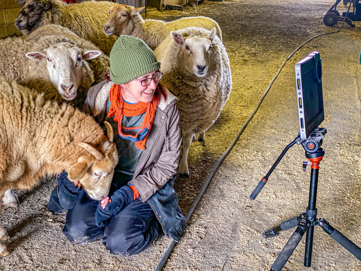 Catskill Animal Sanctuary's Lauren Barbieri introduces sheep Liza, Micah, Nina, Seneca and Scout to Compassionate Cuisine attendees. At the beginning of each class, attendees get to meet the animals whose lives are spared when they choose to eat vegan. (Catskill Animal Sanctuary)