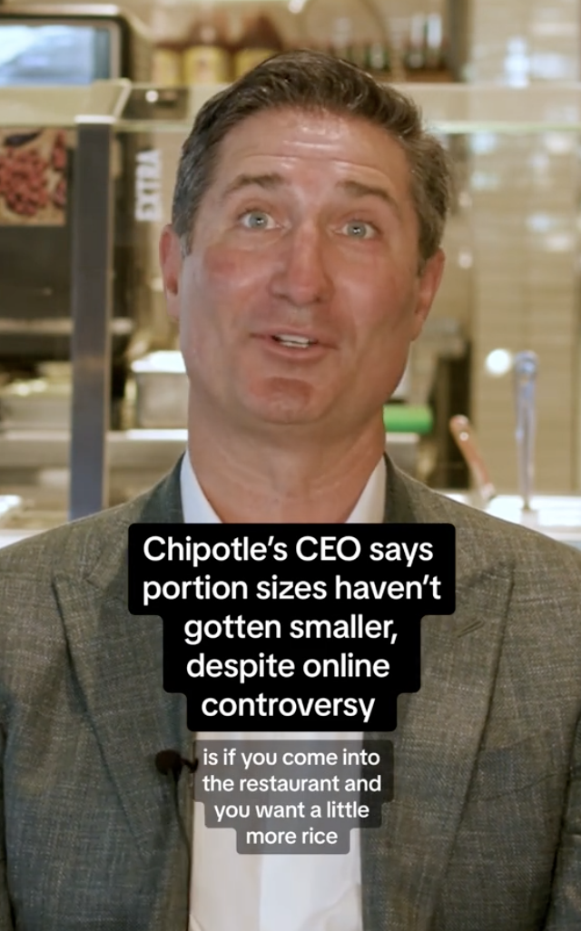 Chipotle’s CEO says portion sizes haven't gotten smaller, despite online controversy, and mentions customers can request extra rice